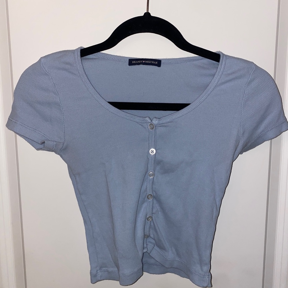 Blue Brandy Melville Short Sleeve Button Up Crop Top